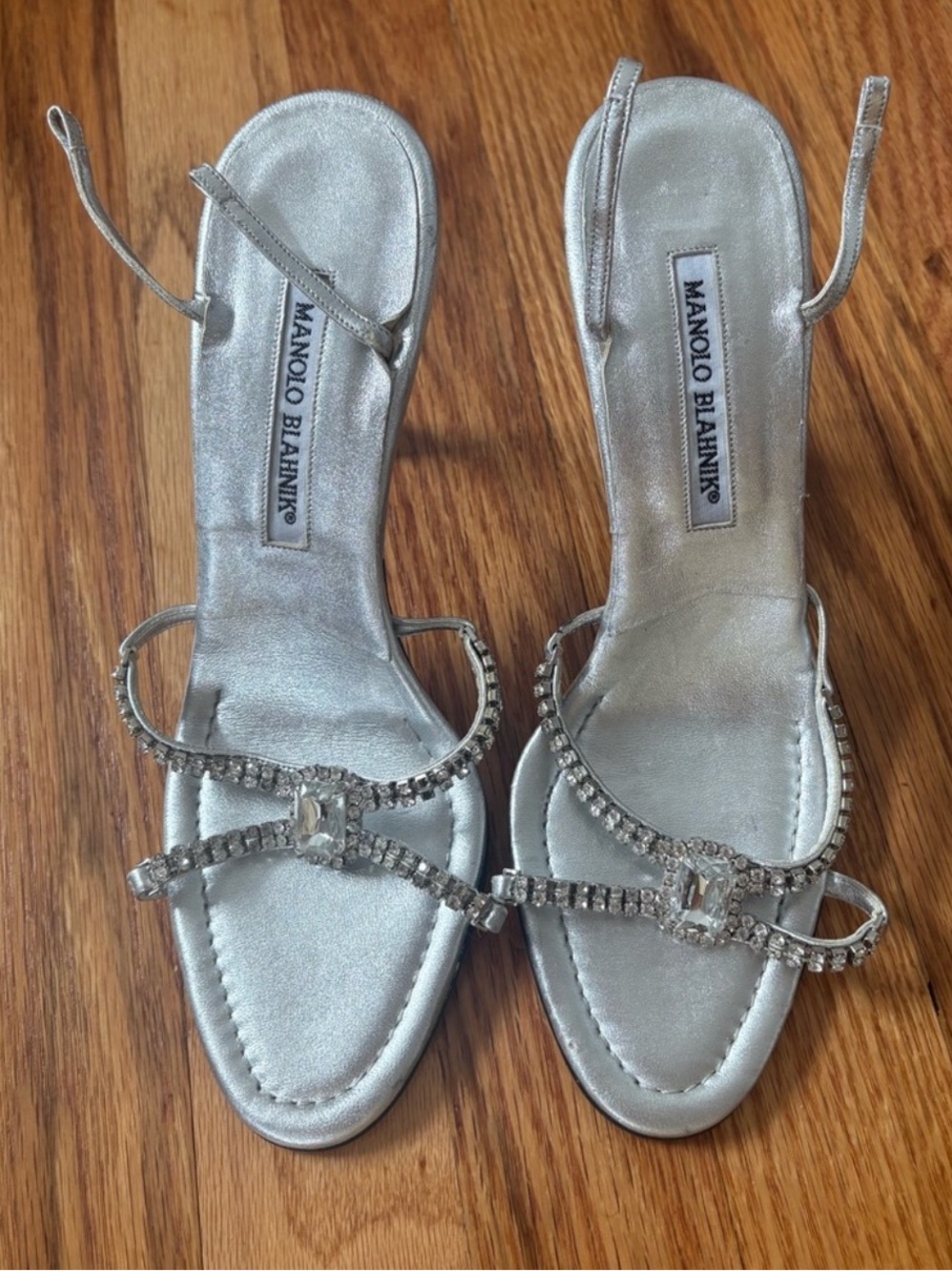 Manolo Blahnik Silver Crystal-Strap Heeled Sandals